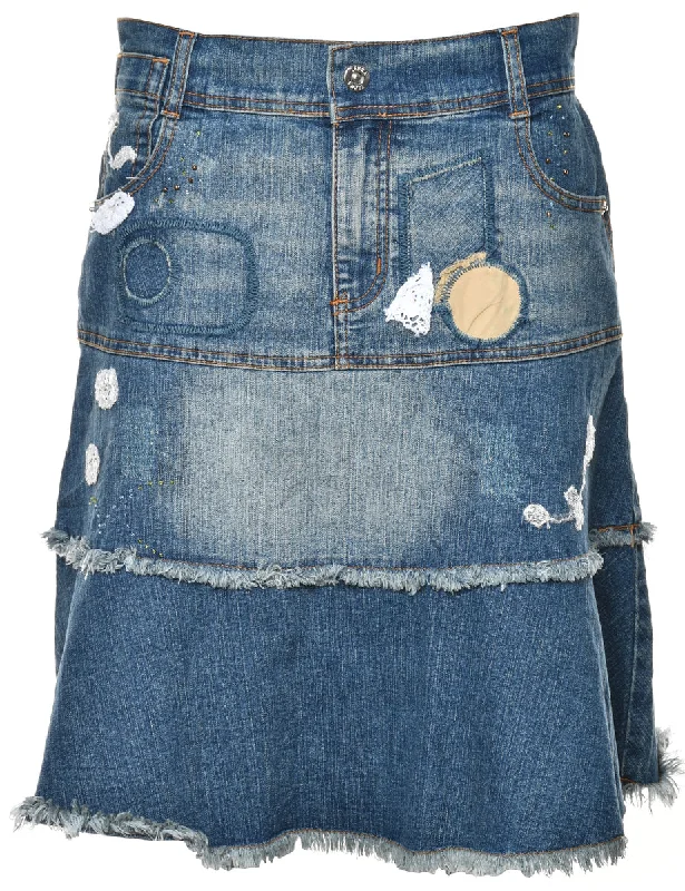 A-Line Frayed Hem Y2K Denim Skirt - M