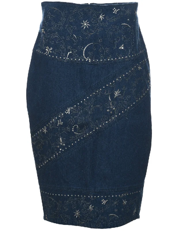 Pencil Shape Embroiderd Denim Skirt - L