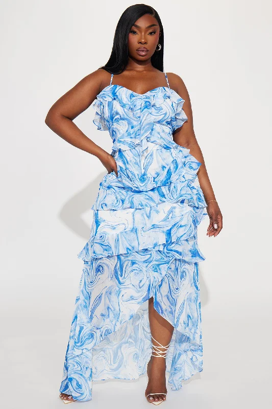 Elisa Ruffle Chiffon Maxi Dress - Blue/combo