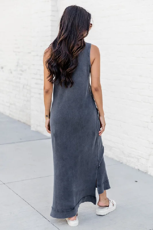 Forgotten Romance Black Acid Wash Midi Dress