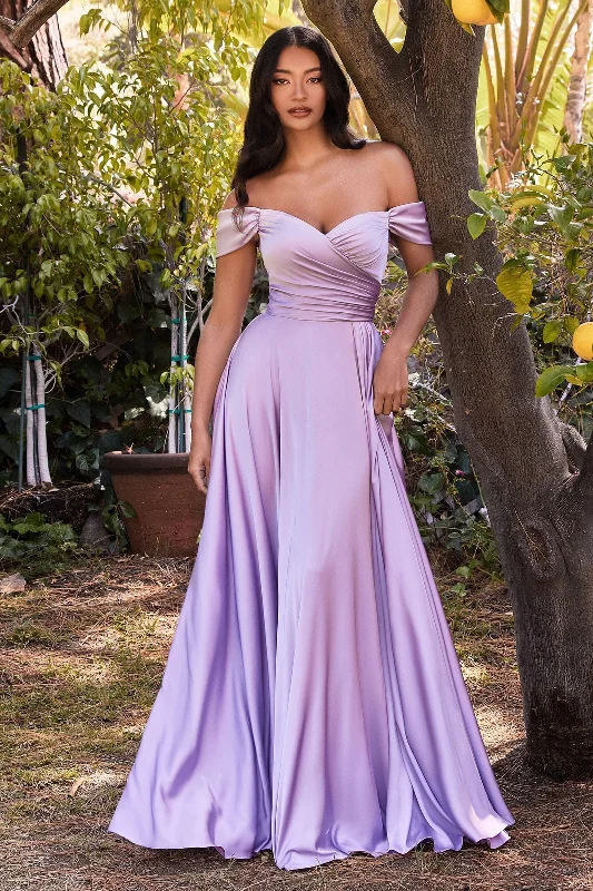 Long Off Shoulder A-line Satin Dress by Ladivine 7493 - Outlet