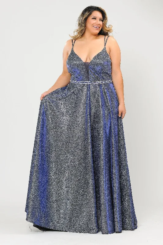 Plus Size Long V-Neck Metallic Glitter Dress by Poly USA W1048