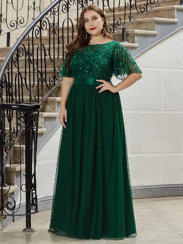 Sequin Print Plus Size Wholesale Evening Dresses with Cap Sleeve