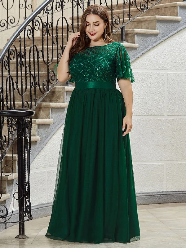 Sequin Print Plus Size Wholesale Evening Dresses with Cap Sleeve