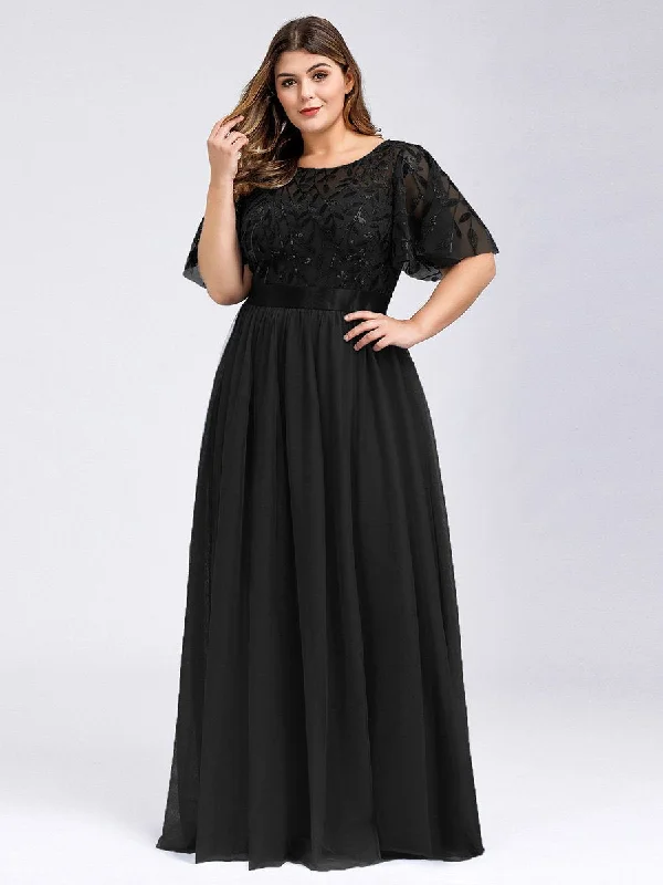 Sequin Print Plus Size Wholesale Evening Dresses with Cap Sleeve