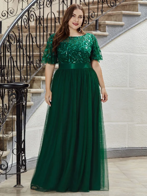 Sequin Print Plus Size Wholesale Evening Dresses with Cap Sleeve