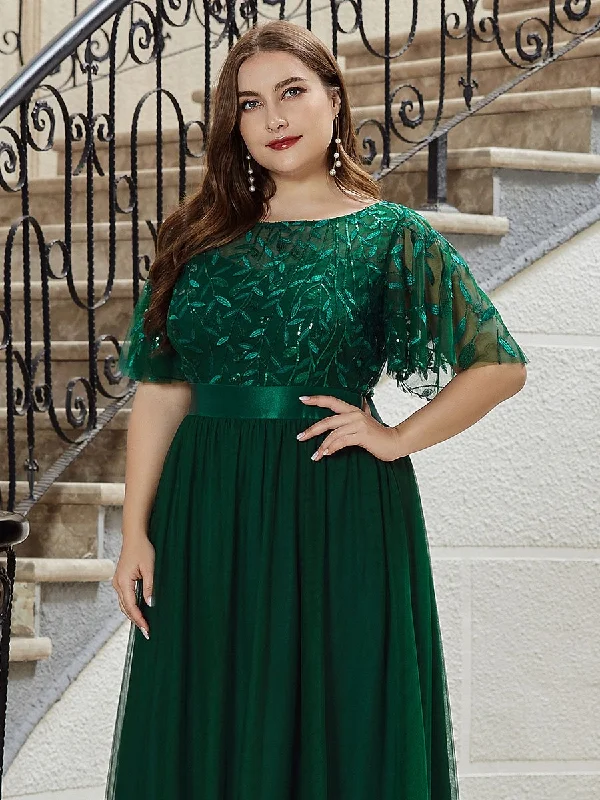 Sequin Print Plus Size Wholesale Evening Dresses with Cap Sleeve