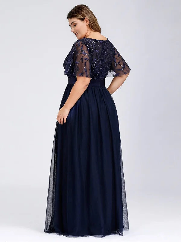 Sequin Print Plus Size Wholesale Evening Dresses with Cap Sleeve