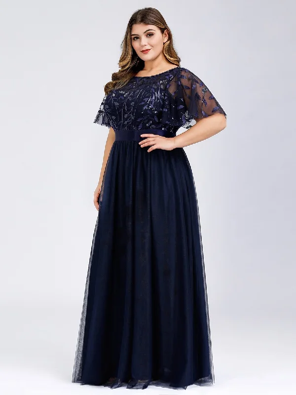 Sequin Print Plus Size Wholesale Evening Dresses with Cap Sleeve