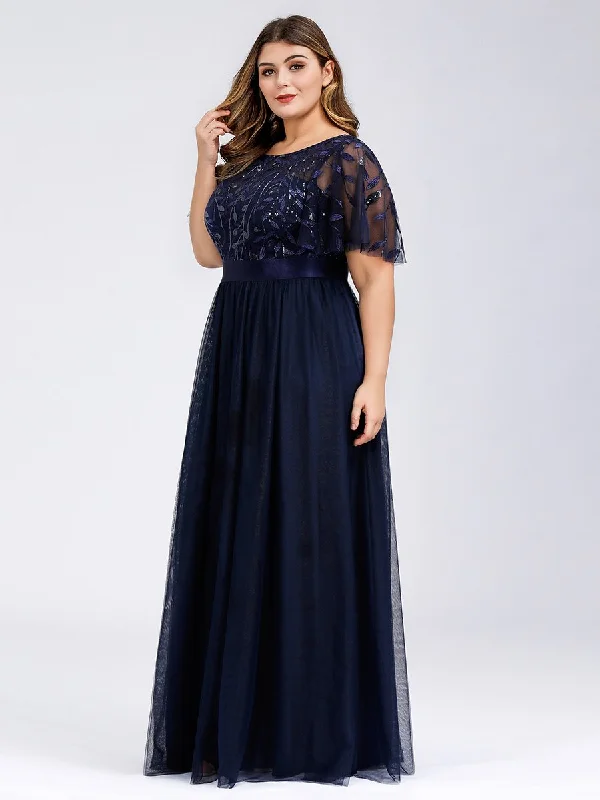 Sequin Print Plus Size Wholesale Evening Dresses with Cap Sleeve