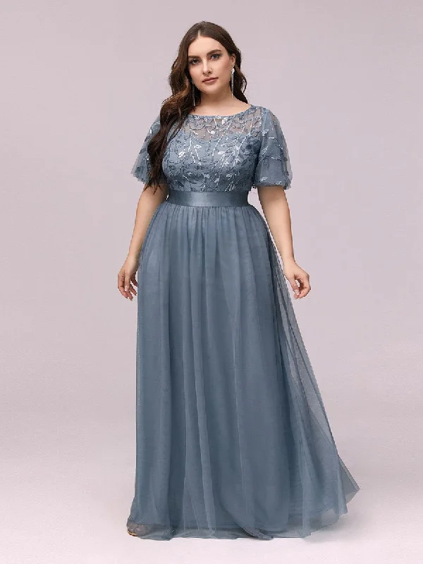 Sequin Print Plus Size Wholesale Evening Dresses with Cap Sleeve