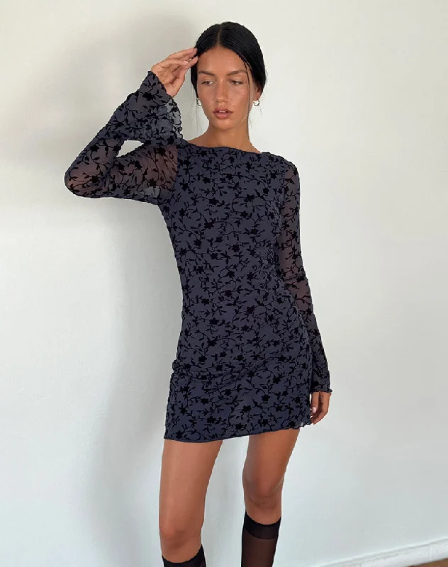 Sevila Long Sleeve Mini Dress in Flocked Petal Navy