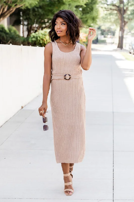 Wonder About Me Tan Belted Midi Dress FINAL SALE