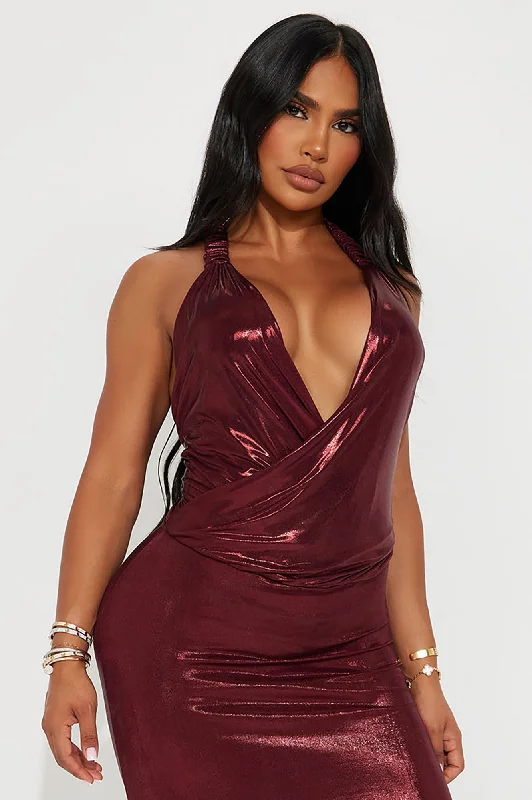 Wilma Metallic Maxi Dress - Burgundy