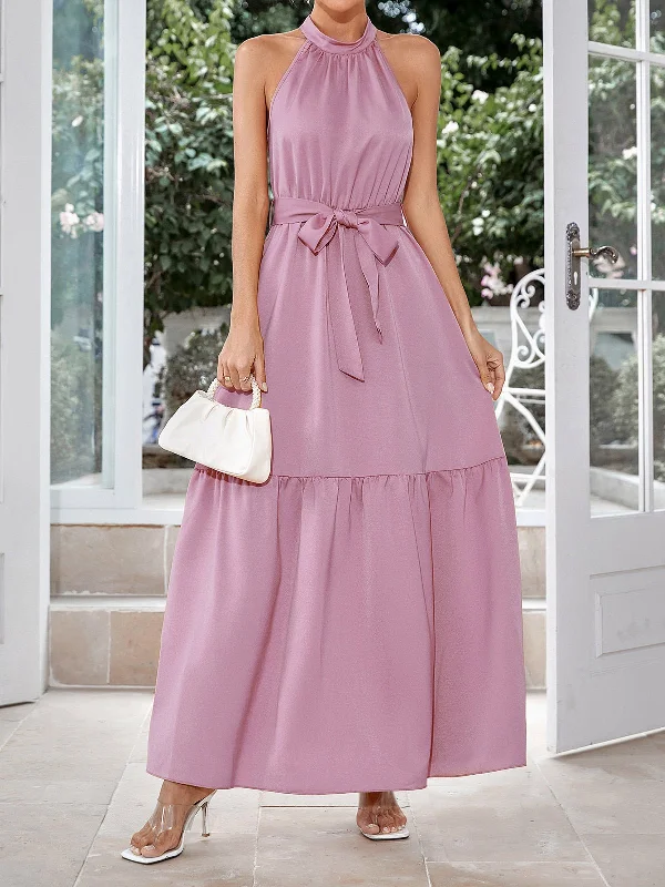 Casual Neck Hanging Solid Color Waist Closing Maxi Dress