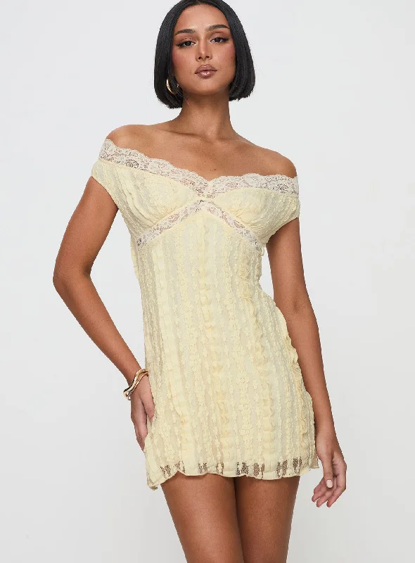 Bonnin Off The Shoulder Lace Mini Dress Yellow