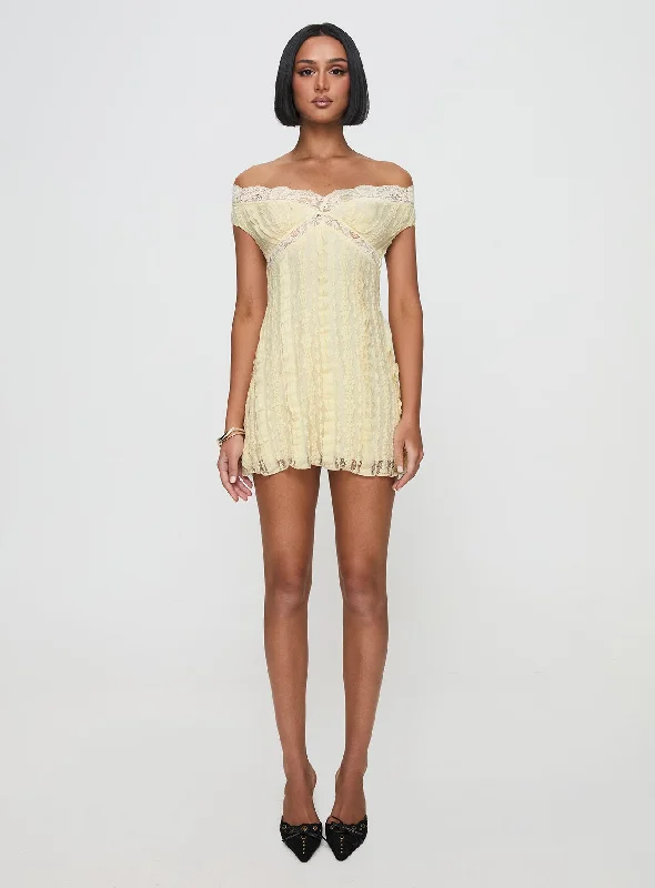 Bonnin Off The Shoulder Lace Mini Dress Yellow