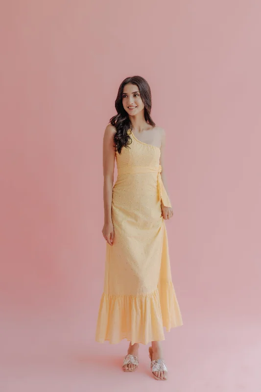 Iliana Yellow Schiffli One Shoulder Midi Dress