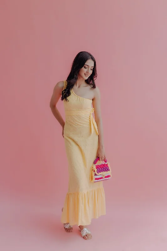 Iliana Yellow Schiffli One Shoulder Midi Dress