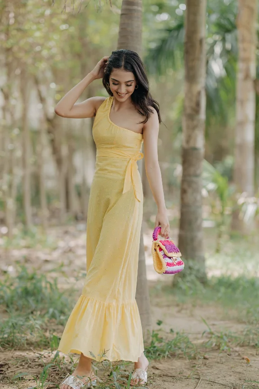 Iliana Yellow Schiffli One Shoulder Midi Dress