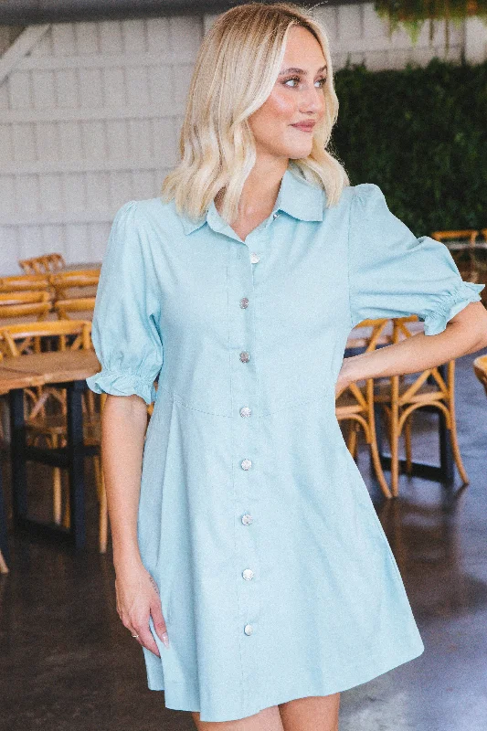 Lucia Button Down Denim Dress, Aqua