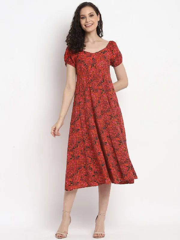 Porsorte Womens Floral Print Red Puff Sleeve Midi Dress