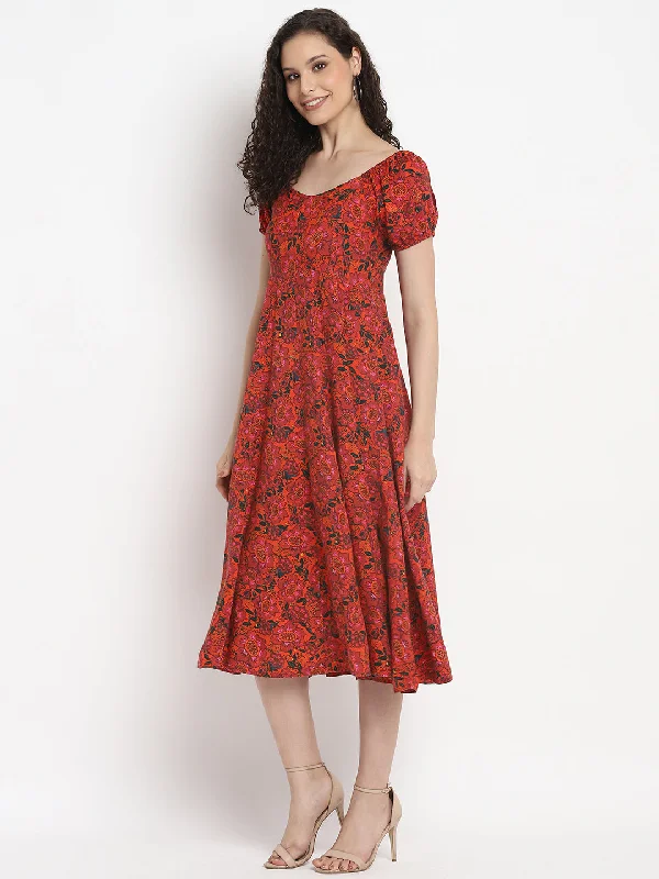 Porsorte Womens Floral Print Red Puff Sleeve Midi Dress