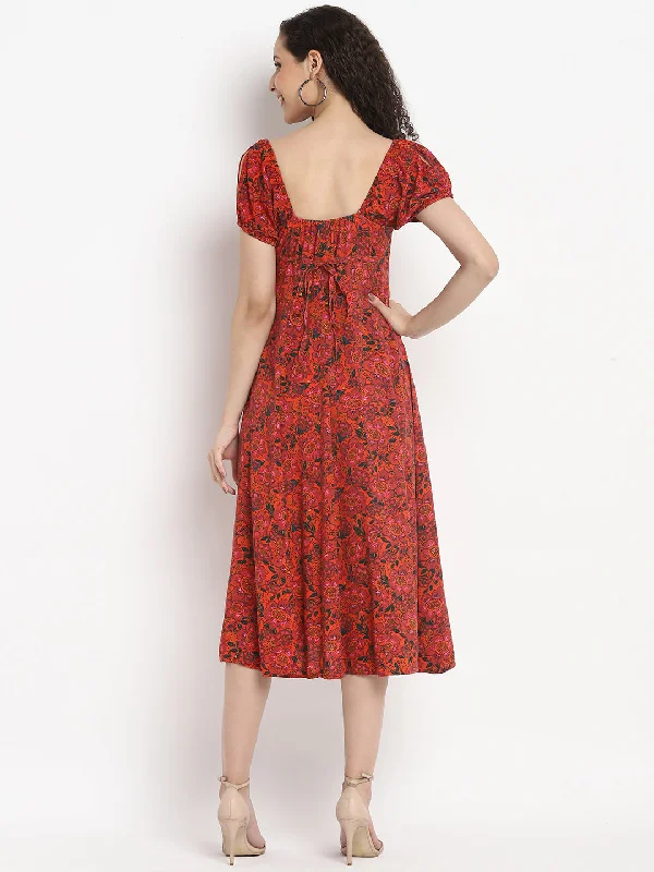 Porsorte Womens Floral Print Red Puff Sleeve Midi Dress