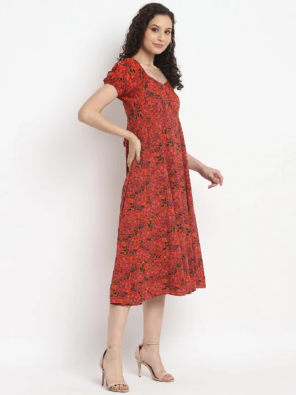 Porsorte Womens Floral Print Red Puff Sleeve Midi Dress