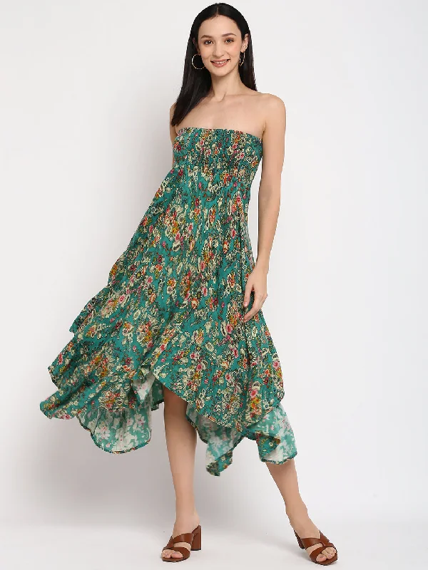 Porsorte Womens Green Printed High Low Tube Dress