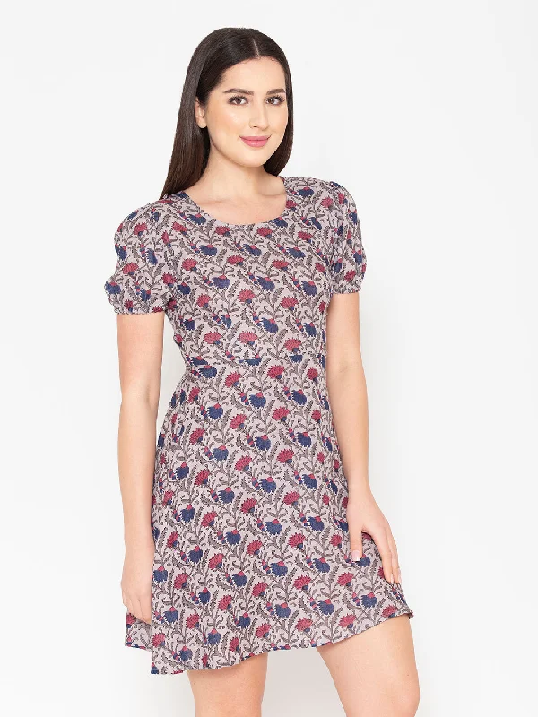 Porsorte Womens Grey Cotton Printed Flared Dress