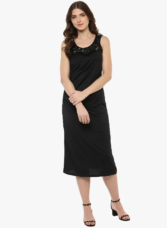 Porsorte Women's Polyester Black Neck Embroidered Dress