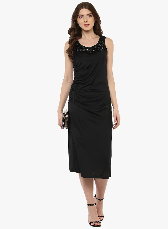 Porsorte Women's Polyester Black Neck Embroidered Dress