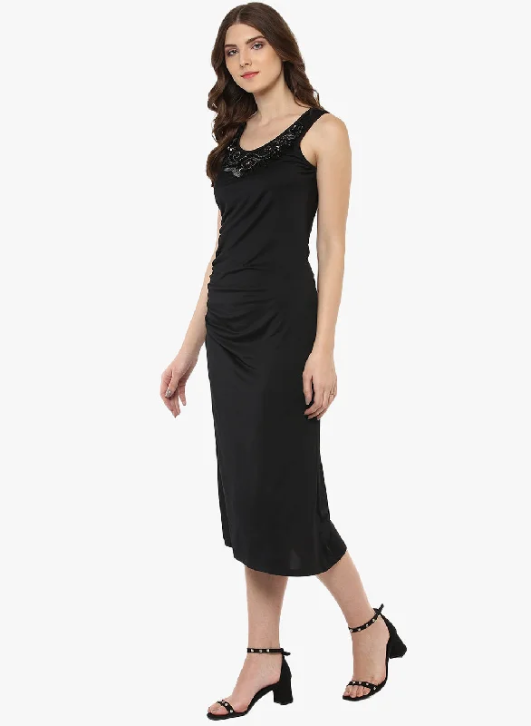 Porsorte Women's Polyester Black Neck Embroidered Dress