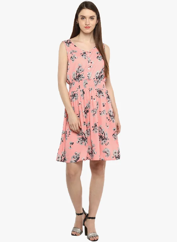 TellingStories Women's Printed Pink  Polycrepe Casual Dress