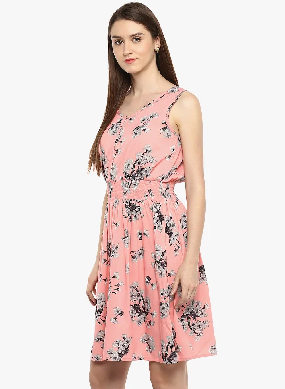 TellingStories Women's Printed Pink  Polycrepe Casual Dress