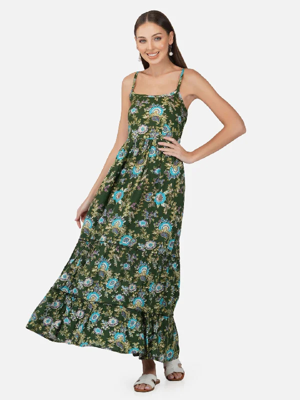 Porsorte Womens Tropical Green Printed Long Strappy Casual Dress