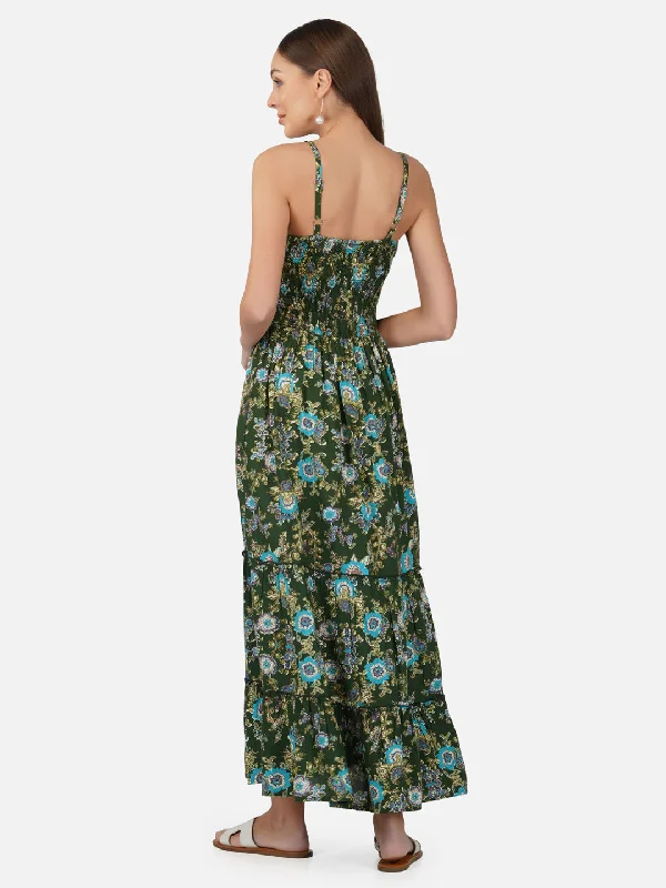 Porsorte Womens Tropical Green Printed Long Strappy Casual Dress