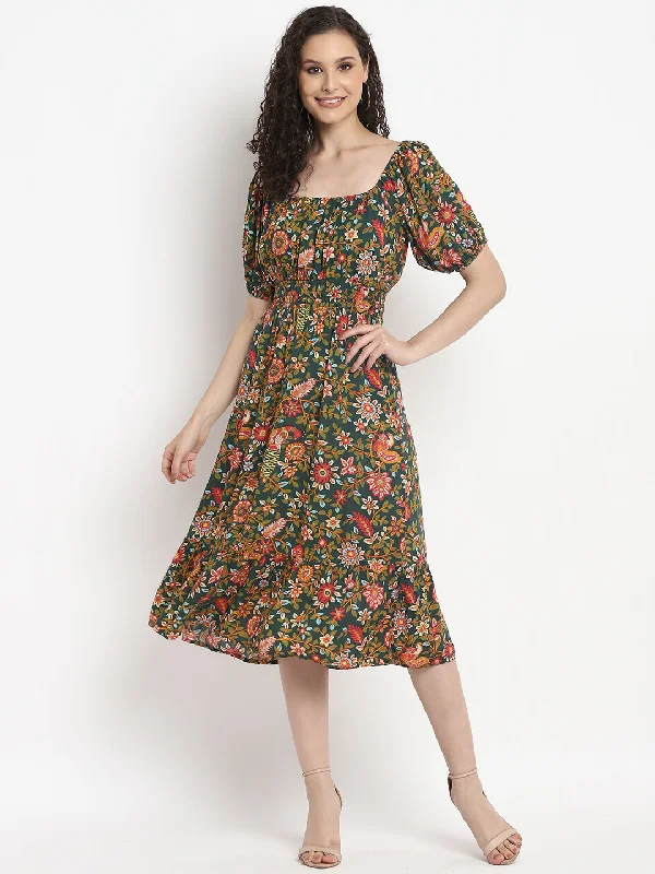 Porsorte Womens Tropical Green Printed Puff Sleeve Midi Dress