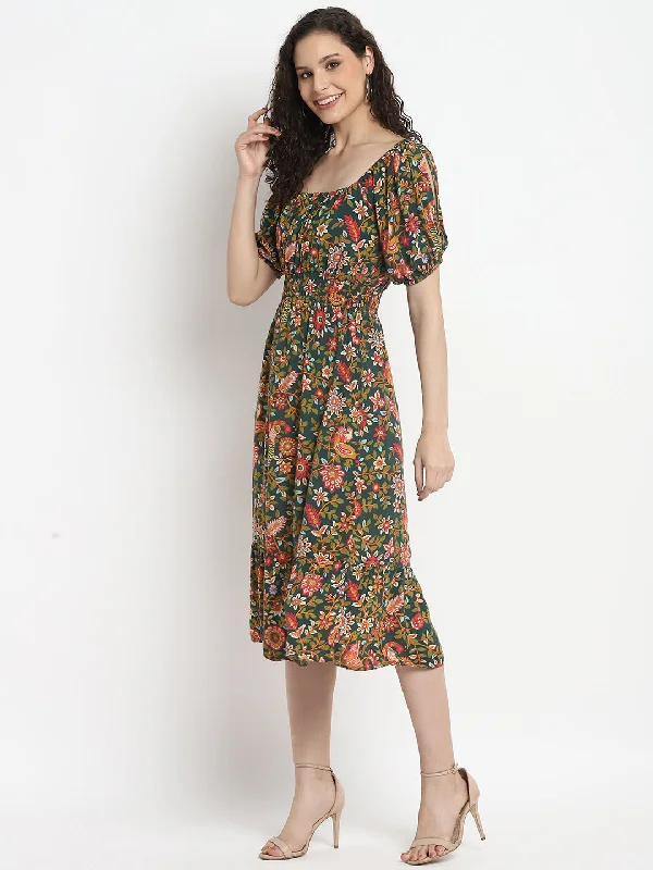 Porsorte Womens Tropical Green Printed Puff Sleeve Midi Dress