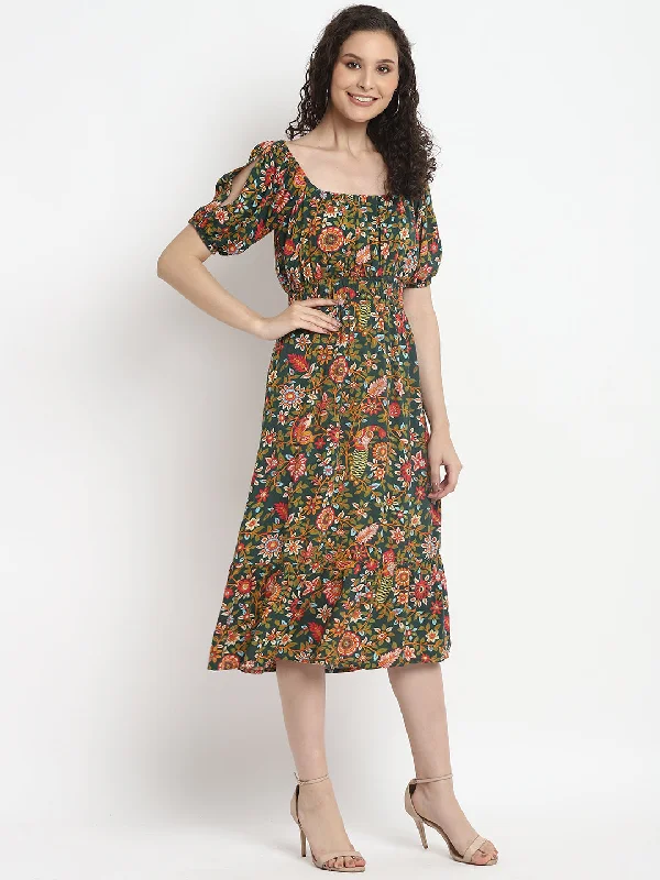 Porsorte Womens Tropical Green Printed Puff Sleeve Midi Dress